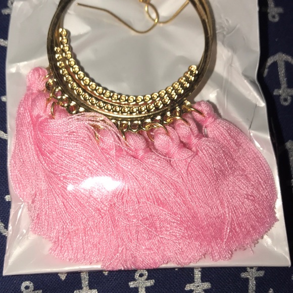 🌻Pink Tassel Fringe Hoop Drop Earrings Spring 🌸 - Picture 2 of 3